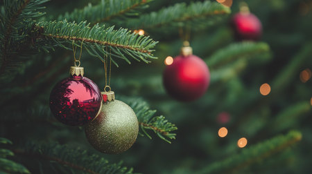 Red, green, and gold ornaments nestled in Christmas tree branches, with glowing lights adding a festive touch.の素材