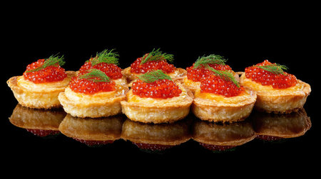 Row of tartlets with glistening red caviar and a garnish of green dill, set against a dark background, emphasizing texture and elegance.の素材