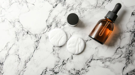 Round cotton pads and a bottle of toner on a marble surface, representing essential beauty routine items.の素材