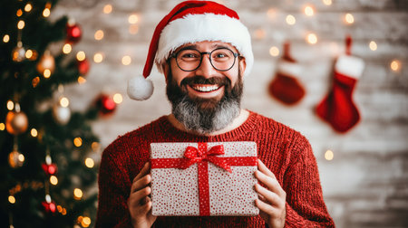 Santa Claus holding a festive gift box with a big smile, surrounded by a decorated Christmas tree and cozy holiday decor.の素材