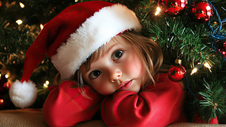 Adorable child in a Santa hat and red sweater, cozying up by a decorated Christmas tree with excitement in their eyes.の素材