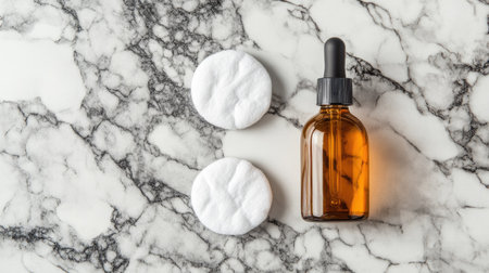 Round cotton pads and a bottle of toner on a marble surface, representing essential beauty routine items.の素材