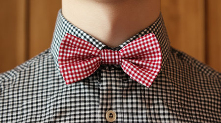 Bow tie with a checked shirt and tailored suit in close-up, capturing the elegance of modern formalwear with a stylish twist.の素材