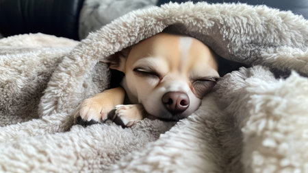 Small dog snuggled up under a soft blanket with sleepy eyes, enjoying the warmth and cozy environment of a peaceful day.の素材
