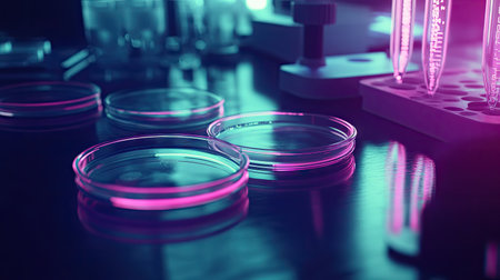 Several Petri dishes with different microorganism cultures on a lab table, capturing diversity in microbial growth and research.の素材