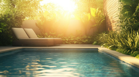 Spacious private pool in a modern villa, framed by clean lines and lush greenery, with a calm, exclusive ambiance, no people.の素材