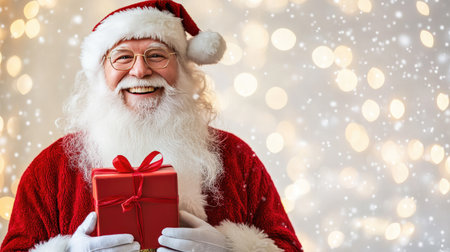 Santa Claus holding a gift box with a red ribbon, surrounded by holiday lights and seasonal decorations.の素材