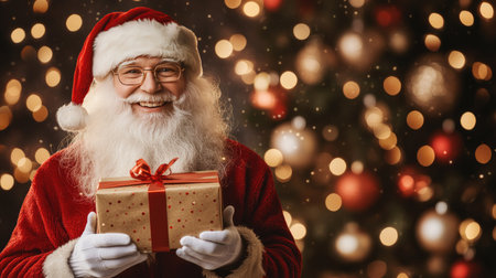 Santa Claus presenting a gift box, set against a backdrop of Christmas lights and ornaments, bringing holiday cheer.の素材