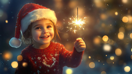 Child in a red sweater and Santa hat, holding a sparkler with a joyful expression, celebrating the holiday season.の素材