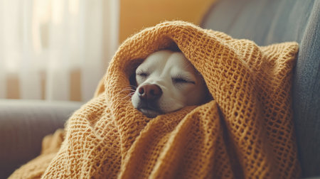 Small dog snuggled under a cozy blanket on a couch, eyes closed in relaxation, capturing the warmth and comfort of home.の素材