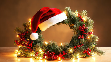 A classic Christmas wreath with pine branches, red berries, and a Santa hat, glowing under soft, warm lights.の素材