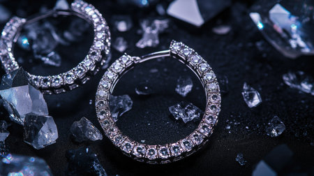 Sparkling women's diamond hoop earrings on a black background, capturing the brilliance and elegance of high-quality gems.の素材