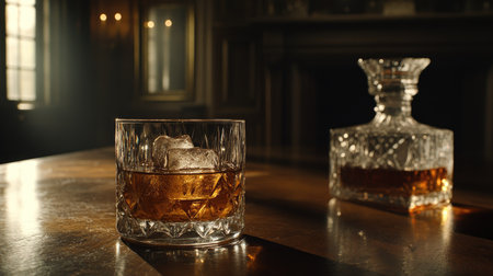 Close-up of a glass of whiskey with ice cubes, a crystal decanter nearby on a polished wooden table in dim lighting.の素材