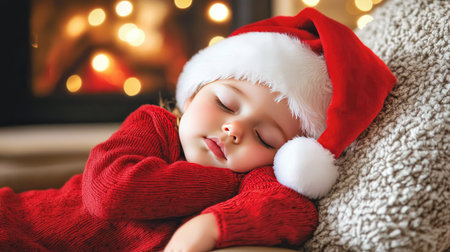 Adorable child in red sweater and Santa hat, asleep on a cozy chair by the fireplace, with holiday lights softly glowing.の素材