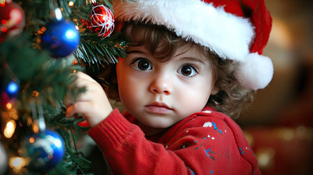 Adorable child wearing Santa hat and red sweater, sitting by the Christmas tree with colorful ornaments around them.の素材