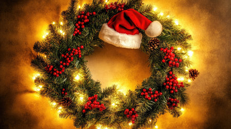 A classic Christmas wreath with pine branches, red berries, and a Santa hat, glowing under soft, warm lights.の素材
