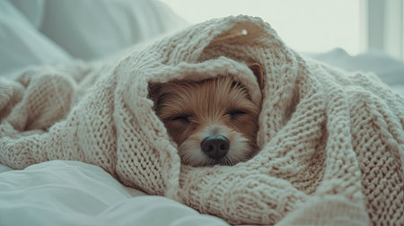Small dog wrapped in a warm knitted blanket, peacefully lying on a bed, perfect for a cozy indoor winter scene.の素材
