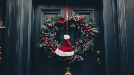Beautiful holiday wreath with greenery, red berries, and a festive Santa hat hanging in the center, creating a joyful decoration.の素材