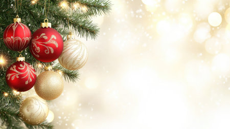 Shiny red and gold baubles hanging on a Christmas tree branch with soft glowing lights in the background, creating a festive atmosphere.の素材