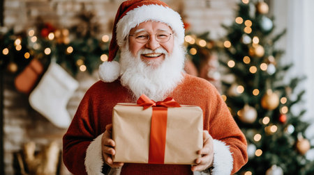 Santa Claus holding a wrapped gift box, with a joyful expression in a warm, festive room filled with Christmas decor.の素材
