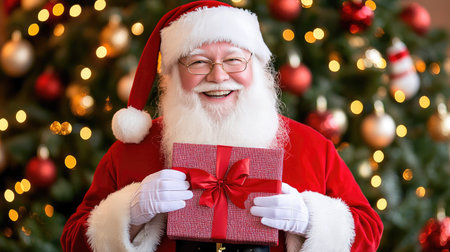 Santa Claus holding a wrapped Christmas gift, surrounded by festive lights and ornaments, spreading holiday cheer.の素材