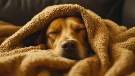 Small dog lying under a soft blanket, eyes closed in comfort, creating a serene and cozy indoor winter scene.の素材
