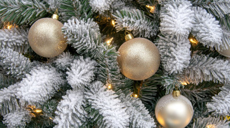 Snow-dusted pine branches with ornaments and lights, giving a frosty and festive winter holiday look.の素材