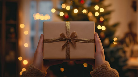 Santa holding a gift box with a bow, festive lights and a Christmas tree in the background, spreading joy and warmth.の素材