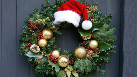 Close-up of a Christmas wreath adorned with a Santa hat, gold baubles, and green foliage, symbolizing holiday cheer.の素材