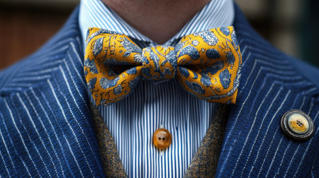 Bow tie with a classic suit and striped shirt in close-up, highlighting the textures and patterns of dapper formalwear.の素材