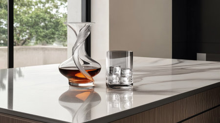A whiskey glass with ice cubes beside a decanter, evoking warmth and sophistication on a polished bar surface.の素材