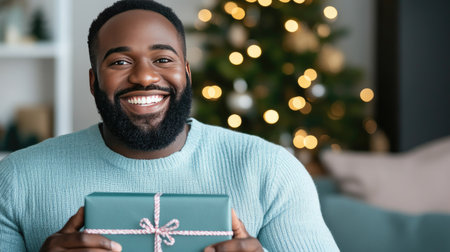 Smiling Santa with a gift box, Christmas tree in the background, creating a cozy holiday scene filled with joy.の素材