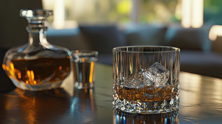 A classic whiskey glass with ice beside a decanter on a dark wooden table, with reflections adding warmth and elegance.の素材