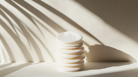 Stack of clean cotton pads on a white background, highlighting softness and purity, perfect for skincare and beauty routines.の素材