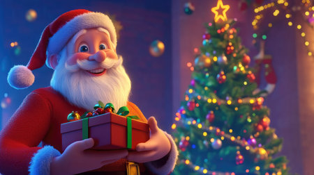 Santa with a Christmas gift box, festive lights and a decorated tree in the background, creating a joyful holiday scene.の素材
