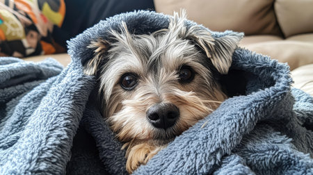 Small dog wrapped up in a blanket, lying comfortably with just his nose and ears showing, capturing a sense of coziness.の素材