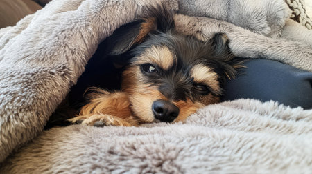 Small dog snuggled up under a soft blanket with sleepy eyes, enjoying the warmth and cozy environment of a peaceful day.の素材