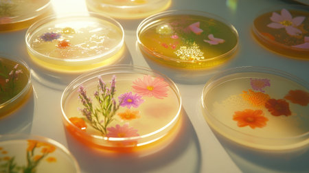 Several Petri dishes with different microorganism cultures on a lab table, capturing diversity in microbial growth and research.の素材