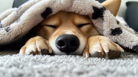 Small dog under a blanket with only his nose and paws showing, highlighting warmth and coziness on a chilly day.の素材