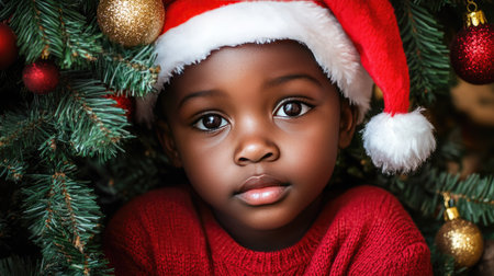 Adorable child in a Santa hat and red sweater, cozying up by a decorated Christmas tree with excitement in their eyes.の素材
