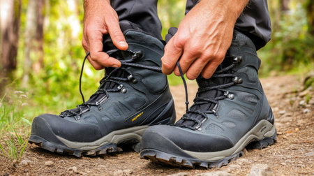 Close-up of a man tying his hiking boot laces on a forest trail, surrounded by natural scenery, ready for an adventure.の素材