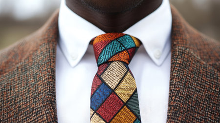 Close-up of a man's necktie with modern geometric patterns, tied neatly over a white shirt, showing attention to detail.の素材