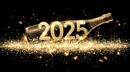 Champagne bottle popping with '' in gold glitter, symbolizing a joyful and festive New Year celebration.の素材