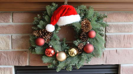 Christmas wreath adorned with ornaments, a Santa hat, and pine branches, hung on a cozy brick fireplace.の素材