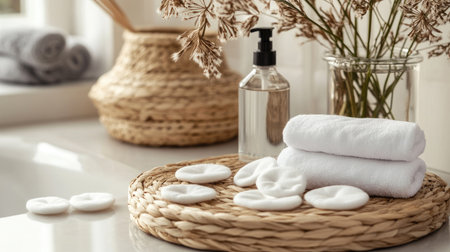 Soft cotton pads and a bottle of micellar water on a bathroom counter, representing evening skincare rituals.の素材