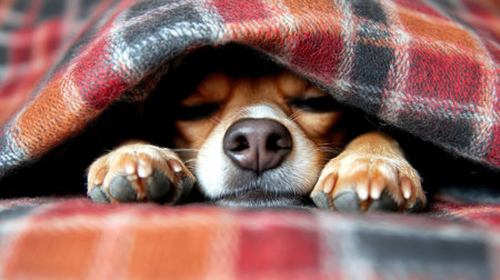 Small dog under a blanket with only his nose and paws showing, highlighting warmth and coziness on a chilly day.の素材