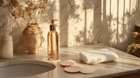 Soft cotton pads and a bottle of micellar water on a bathroom counter, representing evening skincare rituals.の素材