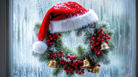 Beautiful Christmas wreath with a Santa hat, bells, and berries, symbolizing holiday warmth on a frosty window.の素材