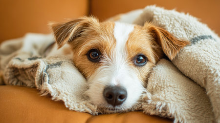 Small dog wrapped up in a blanket, lying comfortably with just his nose and ears showing, capturing a sense of coziness.の素材