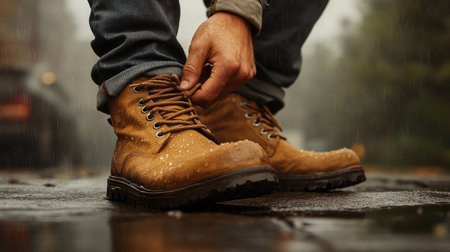 Casual close-up of a man lacing up his boots on a rainy day, droplets on the shoes adding texture and atmosphere to the scene.の素材